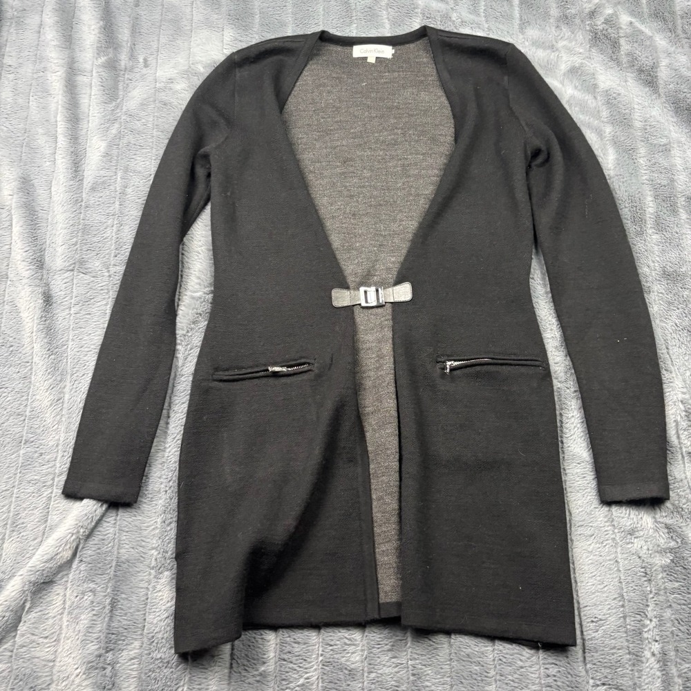 Calvin Klein Womens Black Wool Blend Longline Buckle Cardigan Sweater XS
